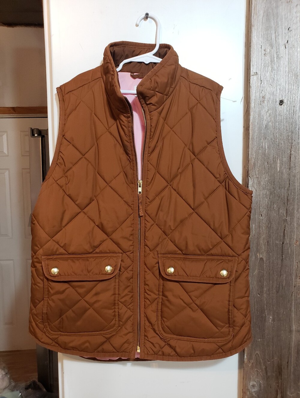 J.Crew Quilted Puffer Vest Chestnut Brown With Pink Lining Zipper Front/pockets